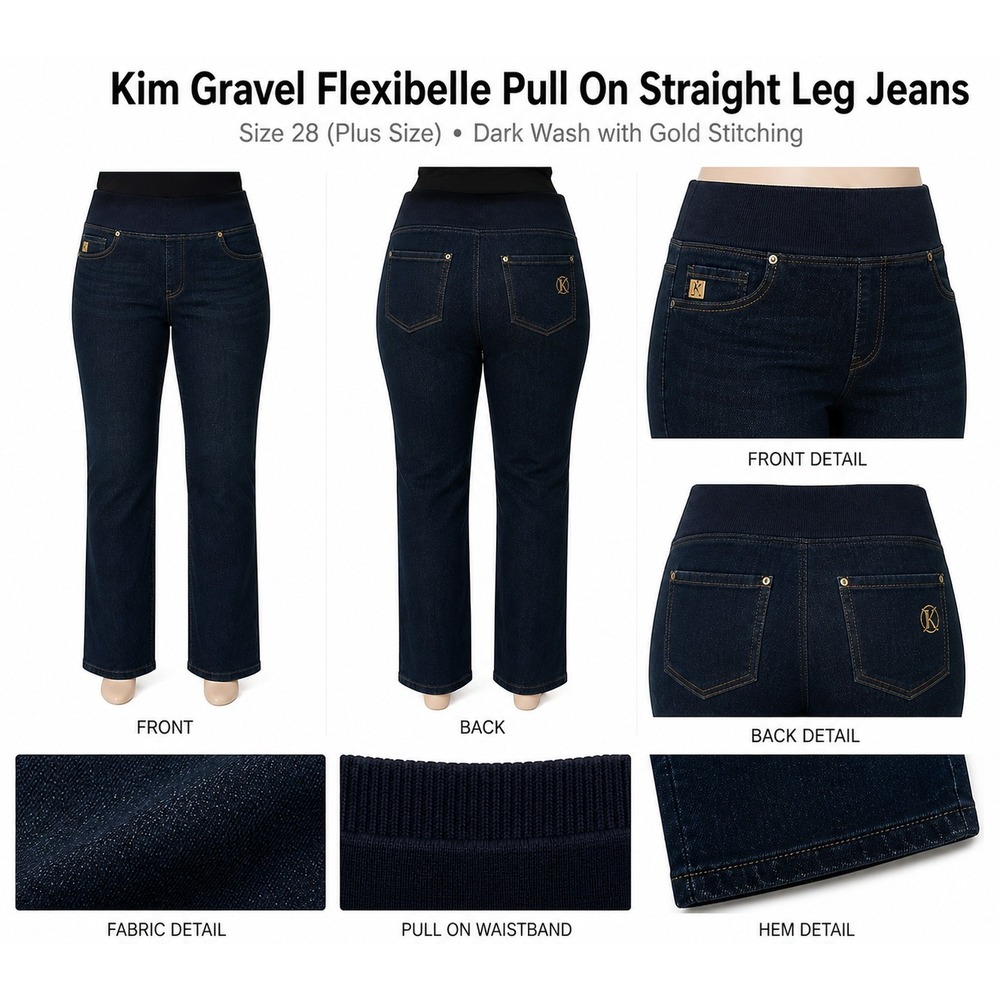Kim Gravel Flexibelle Pull On Straight Leg Jeans 28W Dark Wash Gold Stitching